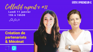 Portraits détourés de Caroline Miagnaux et Ophélie Le Moigne, fond violet et couleur jaune or pétillante, texte de présentation du collectif expert·e.